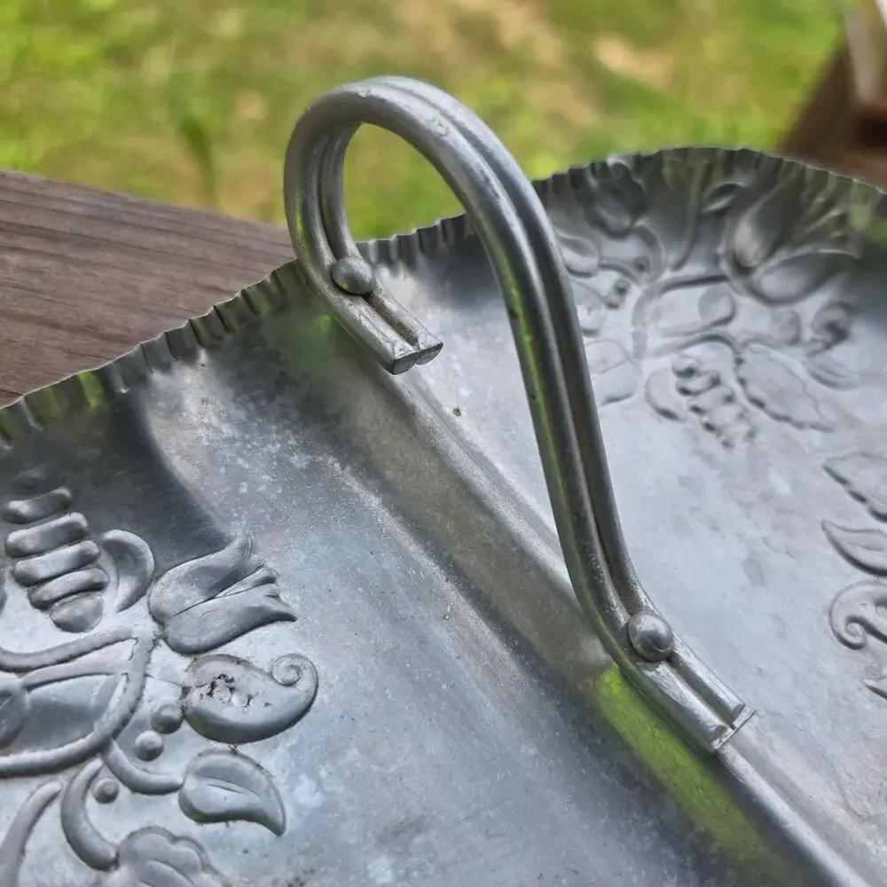 Vintage Embossed Aluminum Divided Serving Tray w/ Handle